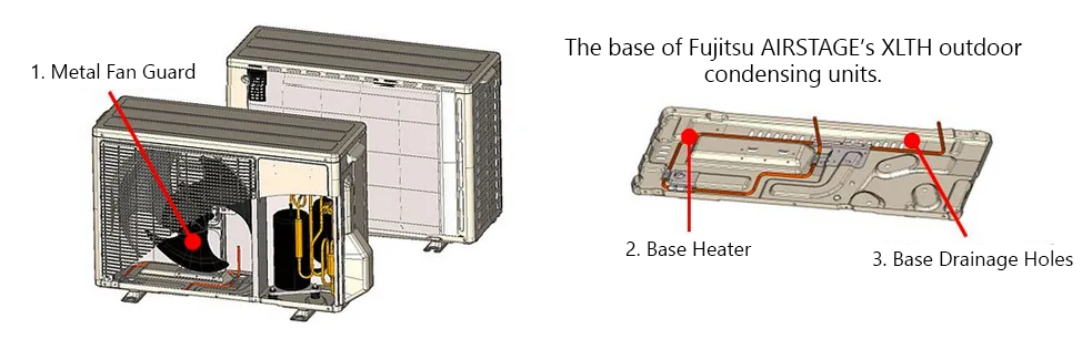 Metal fan guard, base heater and base drainage holes on an XLTH outdoor unit