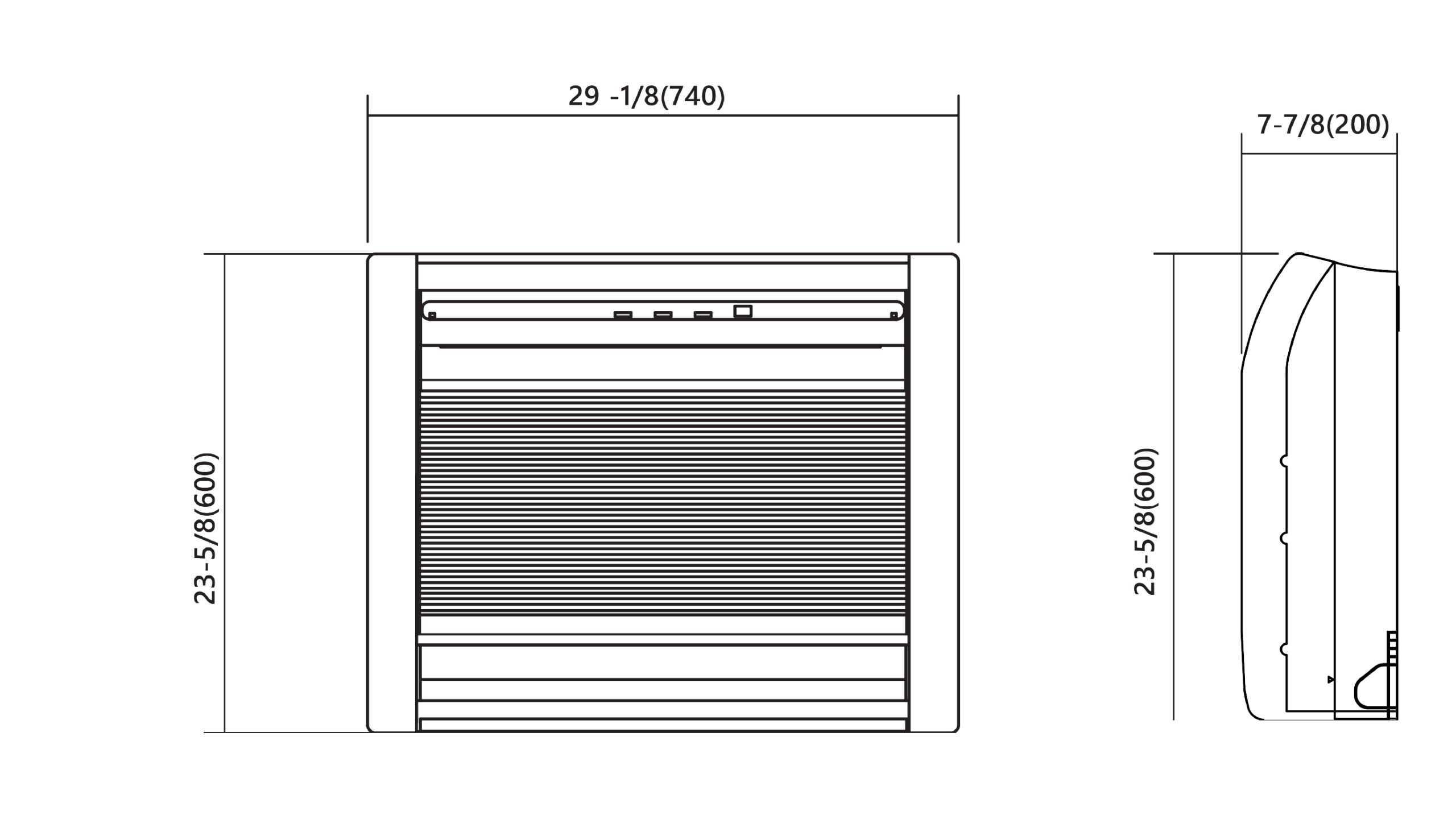Dimension drawing, 9,000 BTU/h & 12,000 BTU/h & 15,000 BTU/h