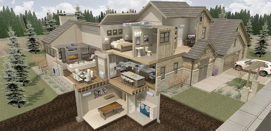 Cutaway of a two-storey home with an indoor unit in each zone