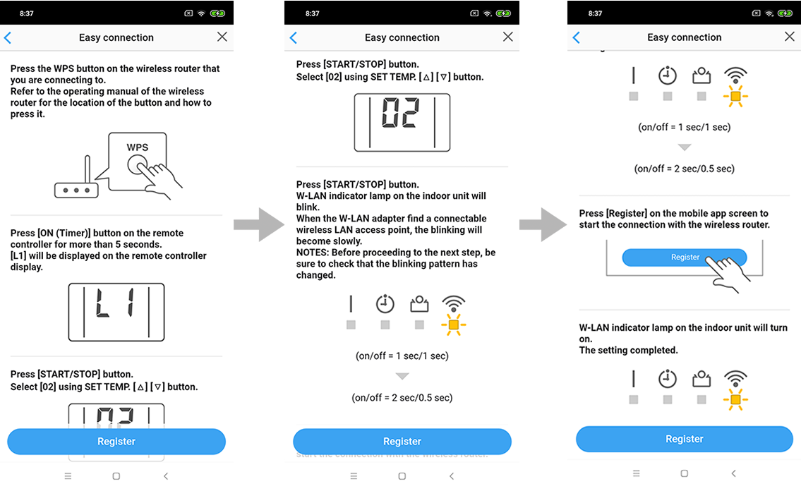 Press the WPS button on the wireless router that you are connecting to. Refer to the operating manual of the wireless router for the location of the button and how to press it